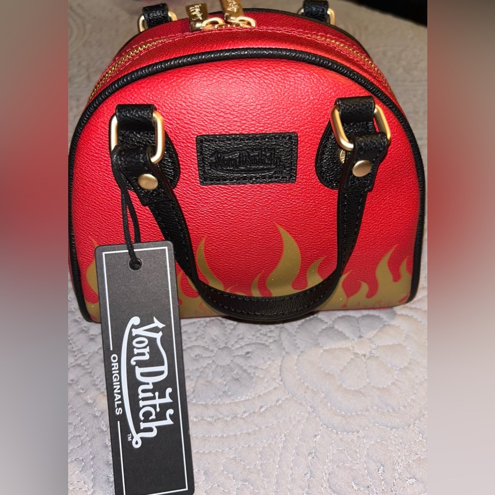 Von Dutch Red Mini Bag with Gold Flames